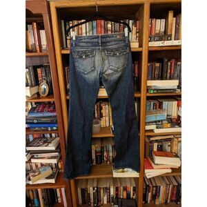 PAIGE sz 27 boot cut color distressed dark wash single button jeans euc